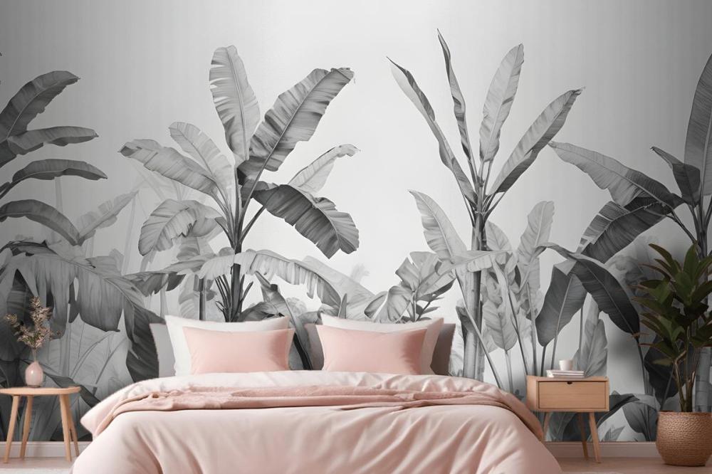 Grayscale Vintage Tropical Plants Wallpaper Mural