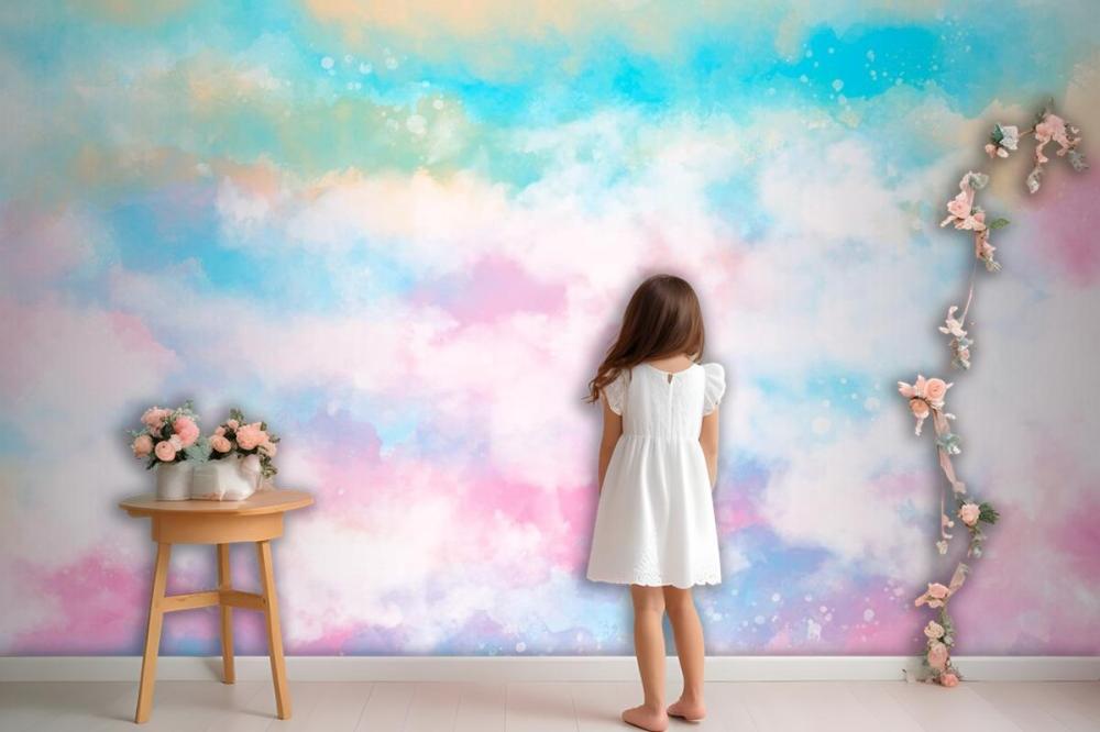 Hand Painted Watercolor Pastel Sky Background Girl Wallpaper Mural