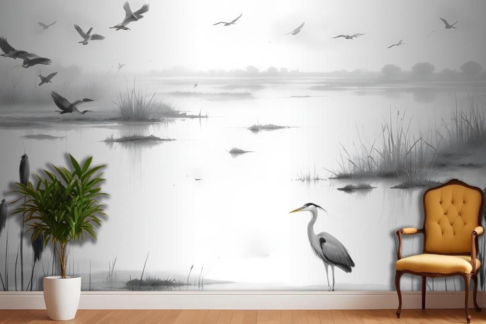 Heron Sketch In Misty Wetlands With Flying Birds Wallpaper Mural