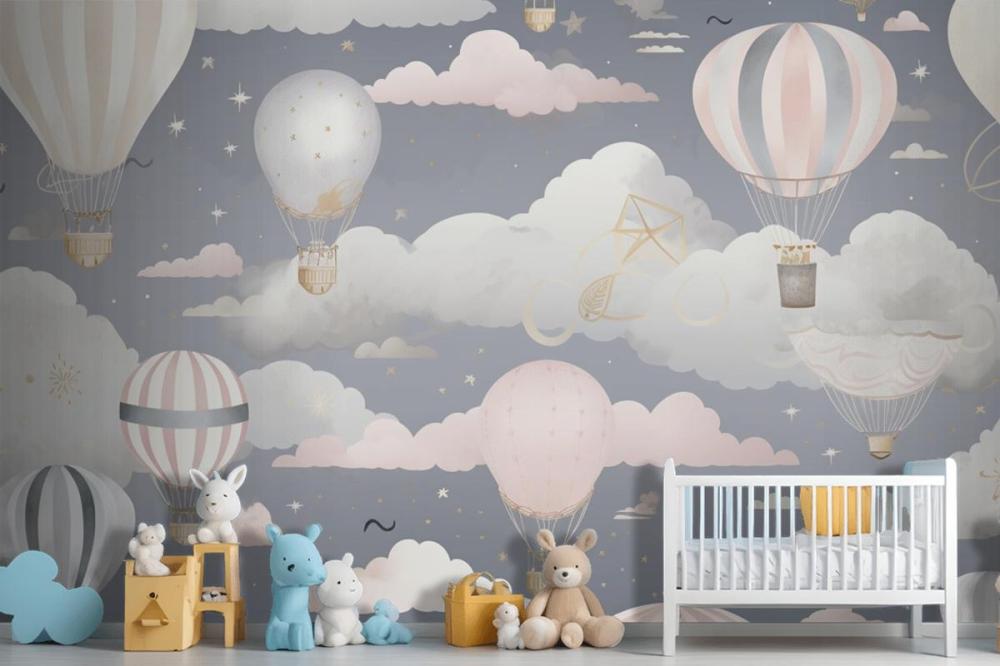 Hot Air Balloons Flying In The Sky With Clouds Wallpaper Mural
