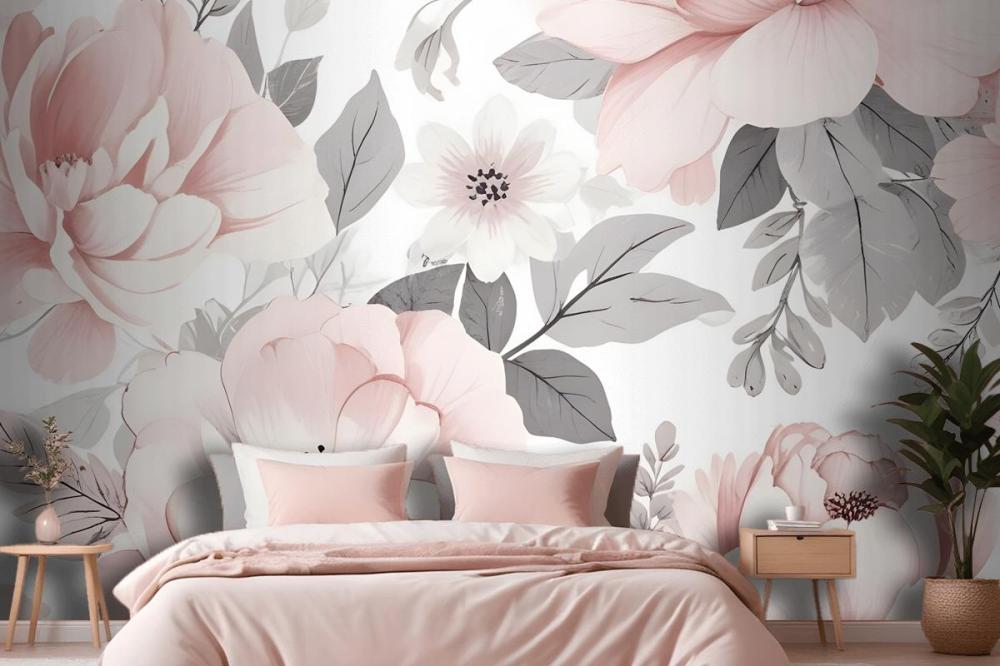 Large Pink And Gray Floral Pattern With Various Wallpaper Mural