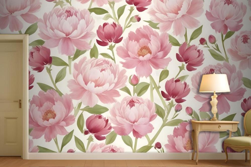Large Pink Peony Flowers With Green Leaves On A Light Wallpaper Mural