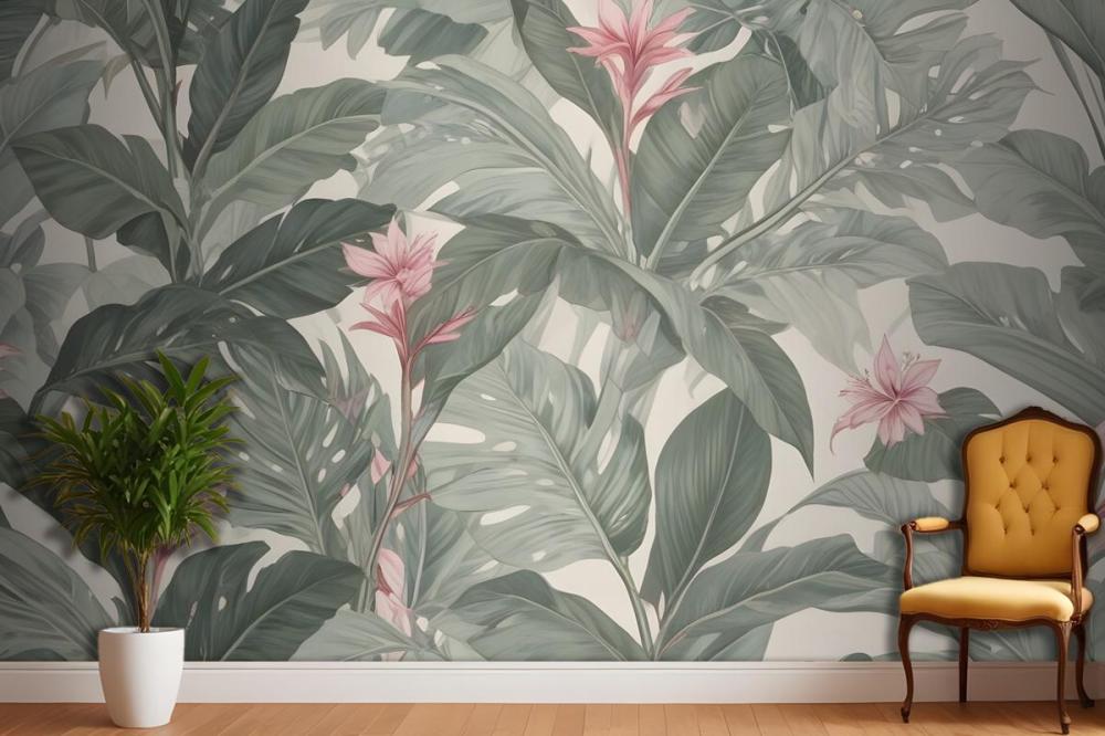 Light Background Large Green Leaves Pink Flowers Tropical Foliage Pattern Wallpaper Mural