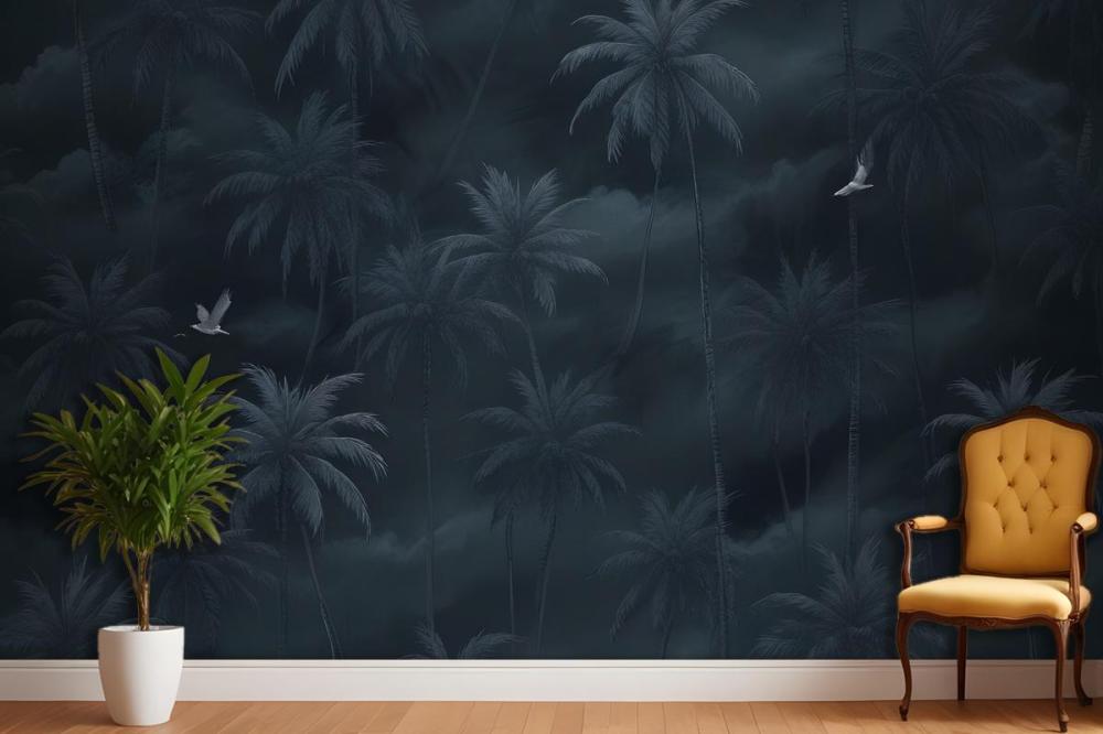 Moody Stormy Sky Dark Tropical Palm Trees Silhouettes Birds Wallpaper Mural
