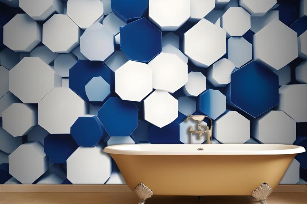 Overlapping Hexagon In Shades Of Blue And White Wallpaper Mural