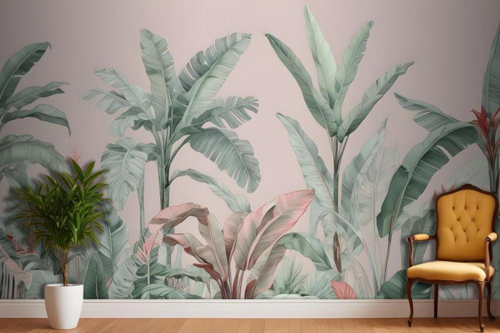 Pastel Pink & Green Vintage Tropical Wallpaper Mural
