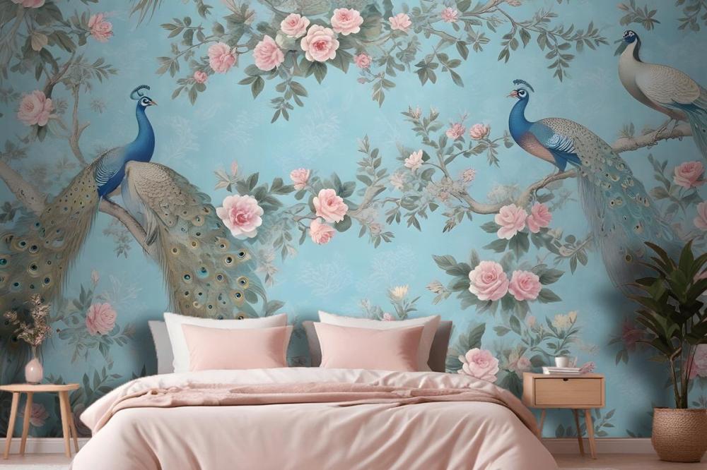 Peacock With Peony Blossom Wallpaper Mural