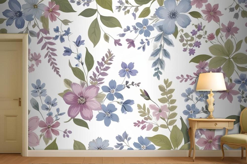 Purple And Blue Watercolor Flower Wallpaper Mural