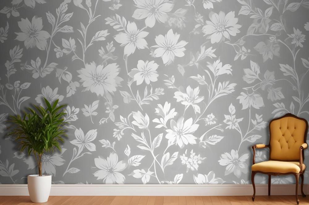 Seamless Pattern Of White Floral Silhouettes On A Light Gray Wallpaper Mural