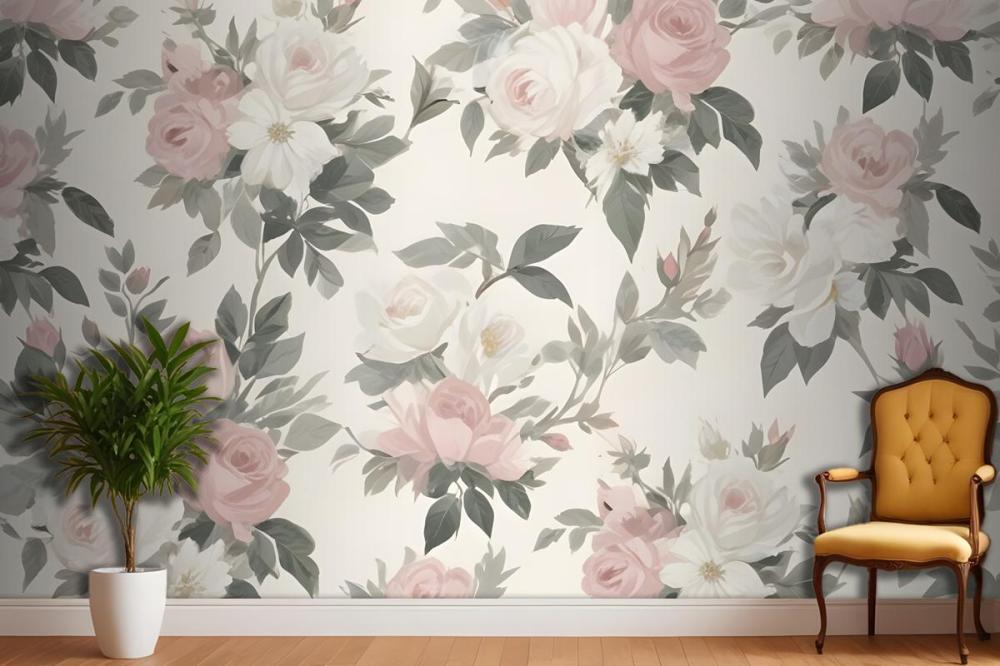 Soft Muted Floral Pattern Large Pink White Flowers Rose Green Leaves Wallpaper Mural