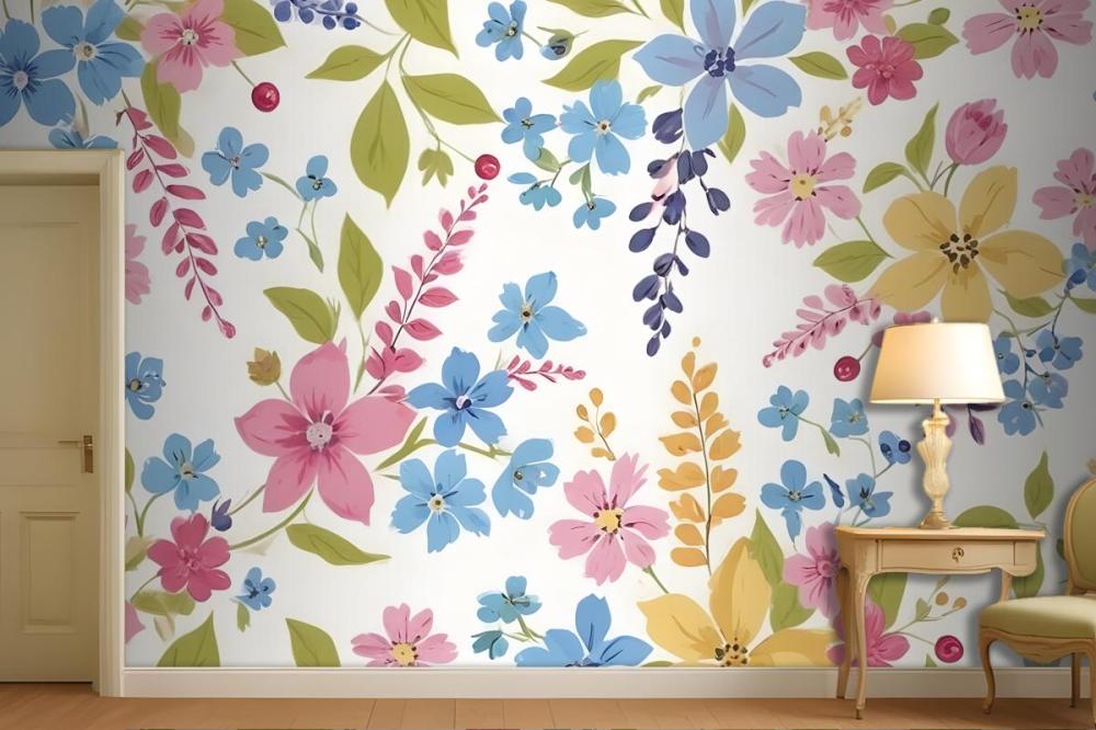 Various Flowers In Shades Of Pink Blue Yellow And Green Wallpaper Mural