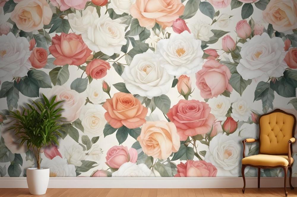 Vibrant Floral Pattern Featuring Various Types Of Pink, White, And Peach Roses Wallpaper Mural