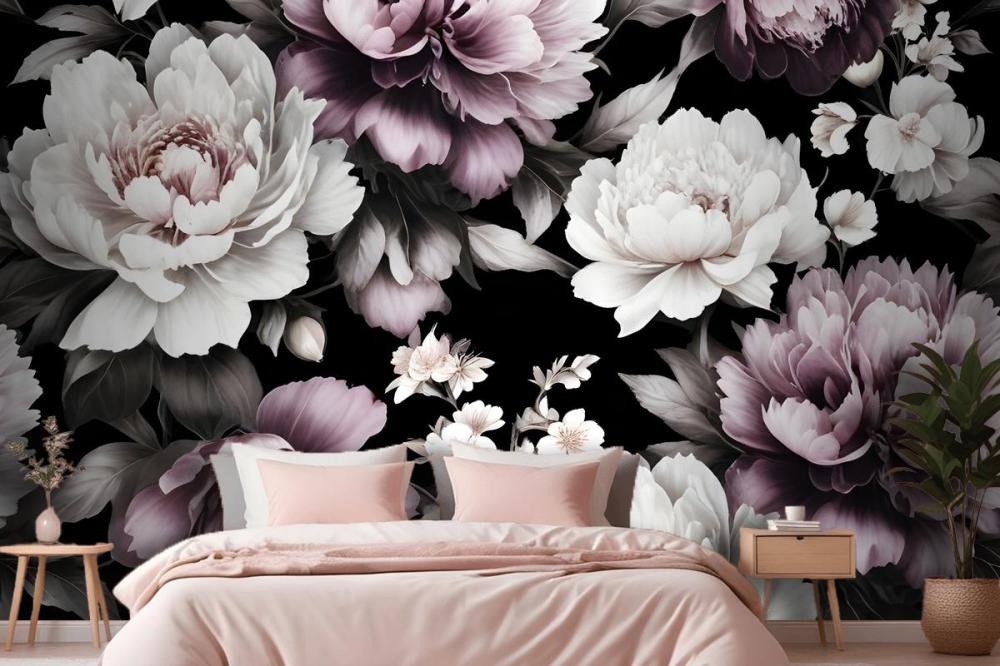 Vintage Dark Large Peony Flower  Bedroom Wallpaper Mural