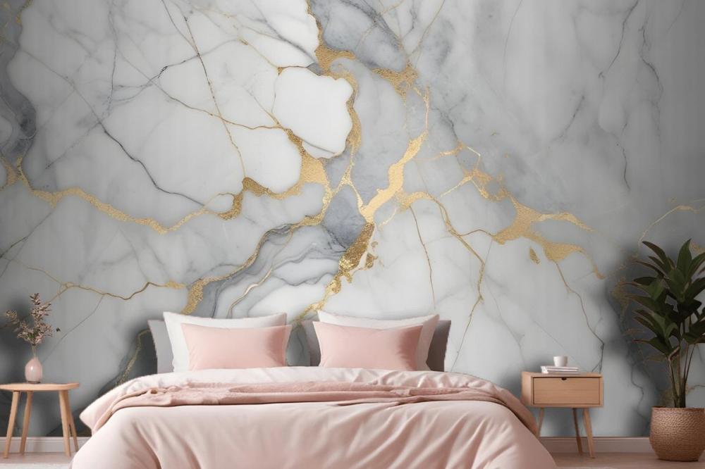 White And Gray Marble Texture With Golden Veins Wallpaper Mural