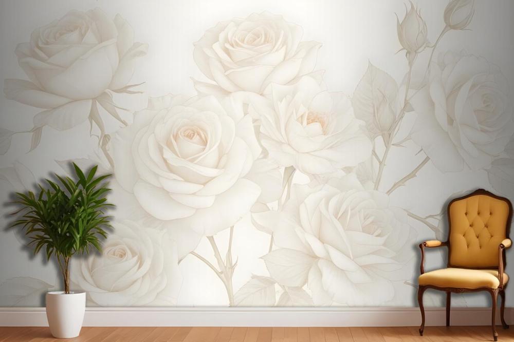 Yellow Large Illustrated Roses Wallpaper Mural