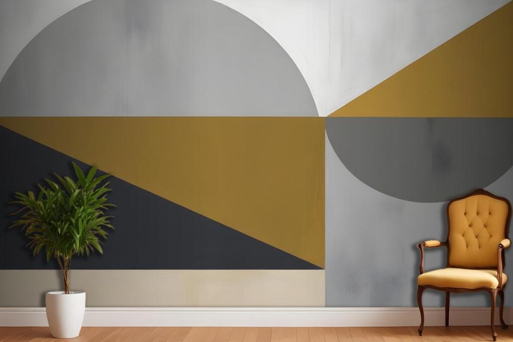 Abstract Geometric Shapes In Shades Of Gray Yellow And Black Wallpaper Mural