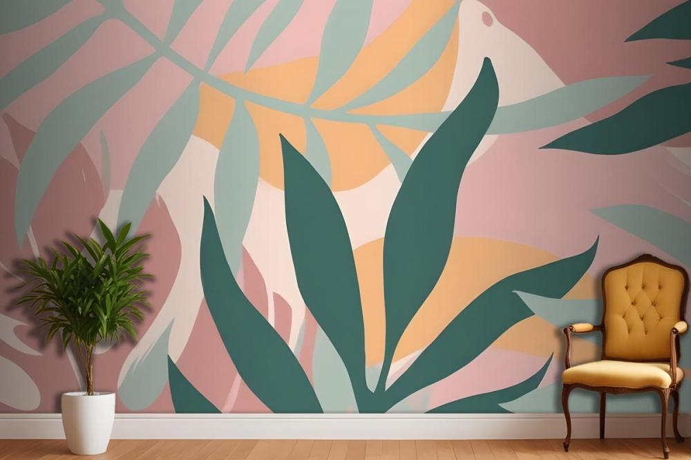 Abstract Tropical Leaves And Shapes In Pastel Colors On A Pink Wallpaper Mural