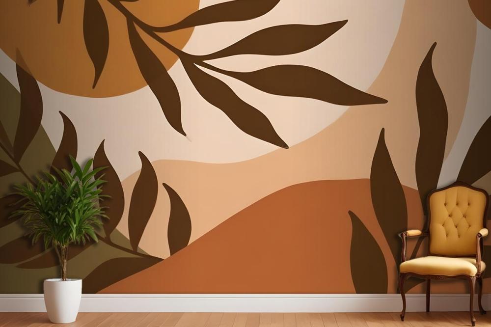 Autumn Leaves In Warm Colors Against A Beige Wallpaper Mural