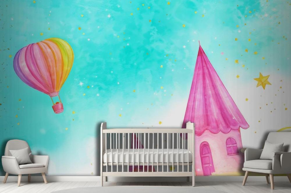 Balloon With A Flying Fairytale Watercolor Wallpaper Mural