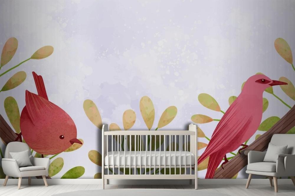 Beautiful Watercolor Of Birds Sitting On Branches Girl Wallpaper Mural