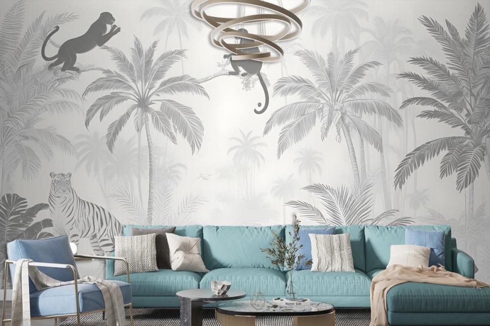 Black And White Jungle Palm Trees Flowers Animal Silhouettes Wallpaper Mural