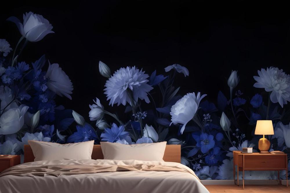 Blue Delft Dark Floral Art Painting Wallpaper Mural