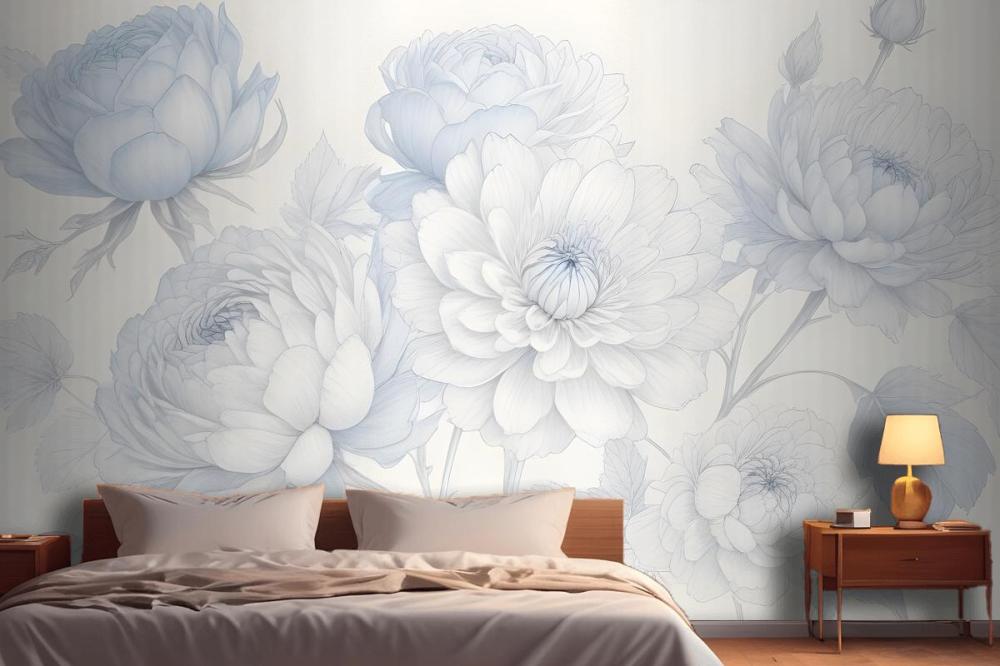 Blue Large Illustrated Roses Wallpaper Mural