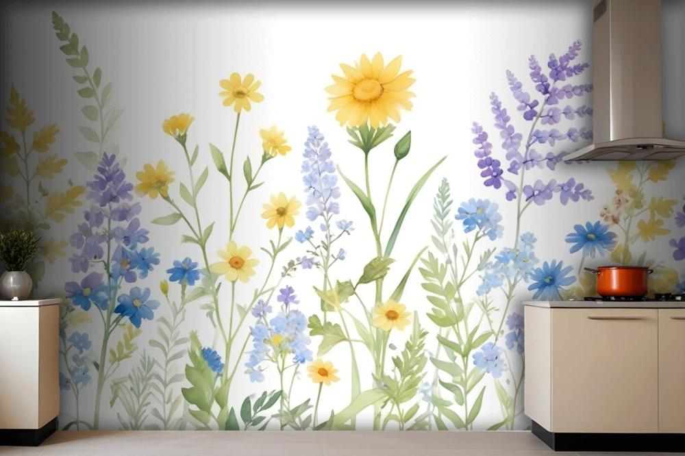 Bright Lilac & Green Watercolor Wildflower Wallpaper Mural