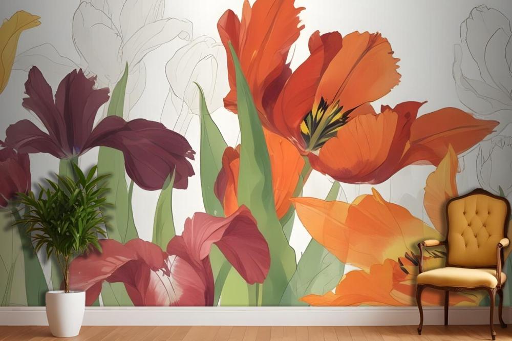 Closeup Orange And Red Tulips With Green Leaves Against A Light Wallpaper Mural