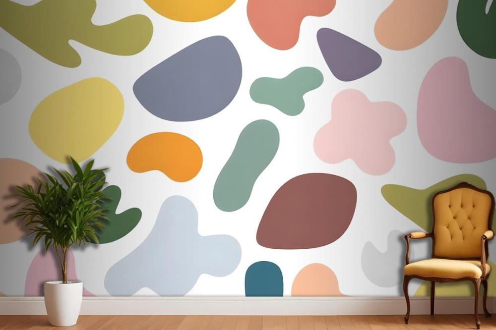Colorful Abstract Shapes In Various Pastel Tones Including Circles Arranged In A Random Pattern On A White Wallpaper Mural
