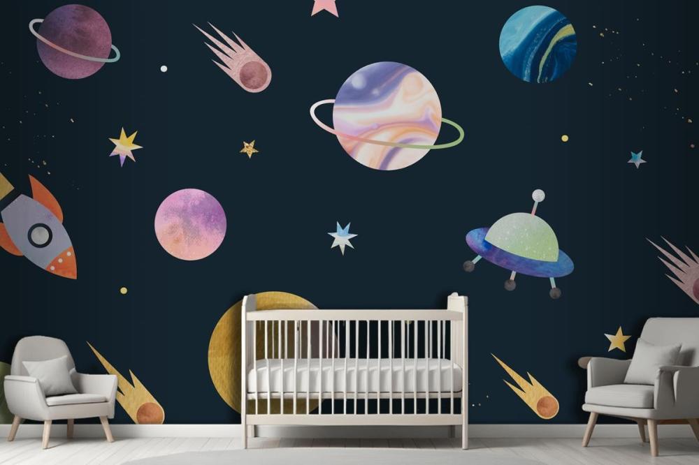Colorful Galaxy Watercolor Doodle On Black Wallpaper Mural