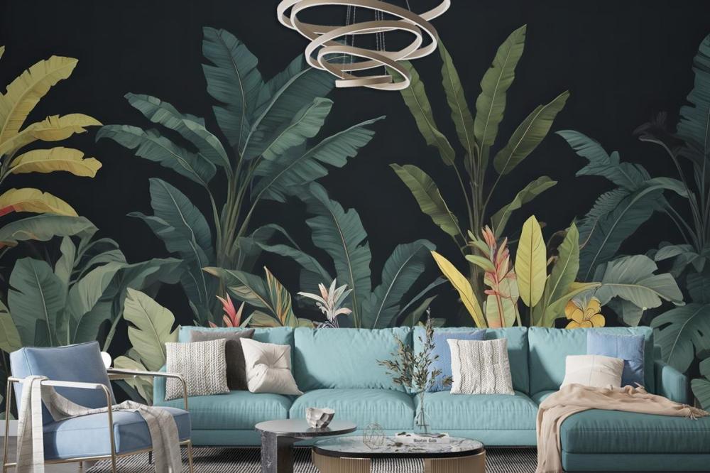 Dark Background Large Green Leaves Banana Plants Colorful Flowers Wallpaper Mural