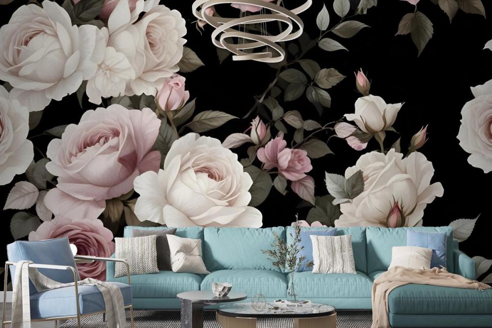 Dark Background Large Pink White Roses Green Leaves Wallpaper Mural