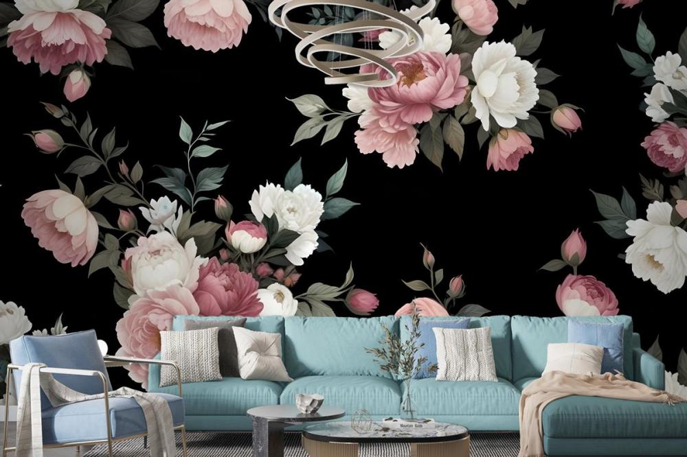 Dark Background Large Pink White Roses Peonies Other Flowers Wallpaper Mural