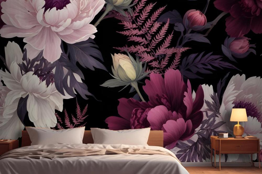 Dark Watercolor Colorful Peony Floral Wallpaper Mural