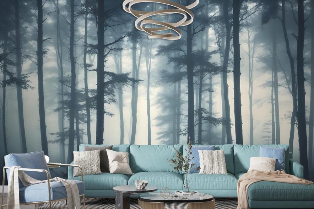Dense Misty Forest With Tall Slender Trees And A Foggy Atmosphere Wallpaper Mural
