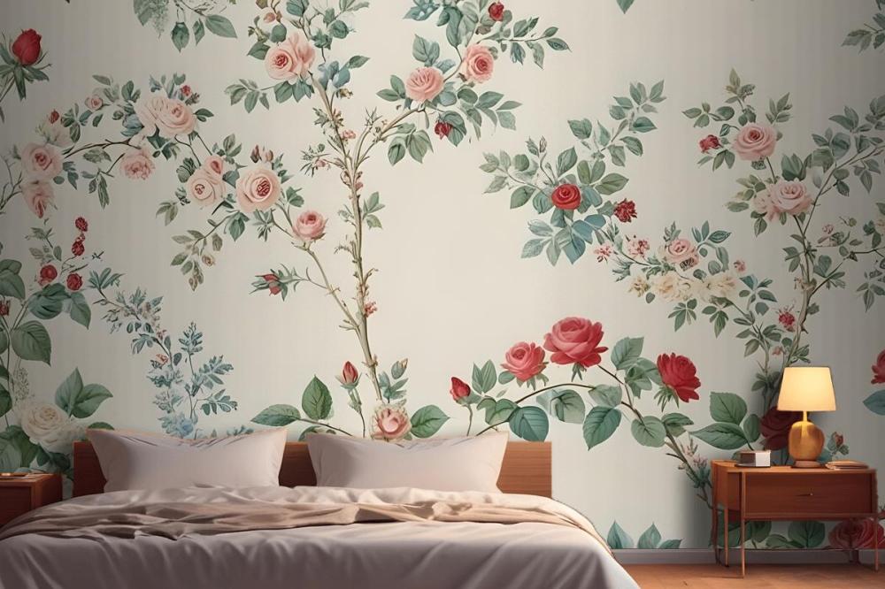 Detailed Floral Wallpaper Pattern Featuring Various Flowers And Plants Mural