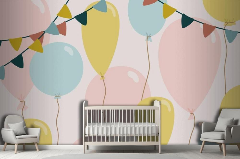 Festive Background With Blue Pink And Yellow Balloons Wallpaper Mural