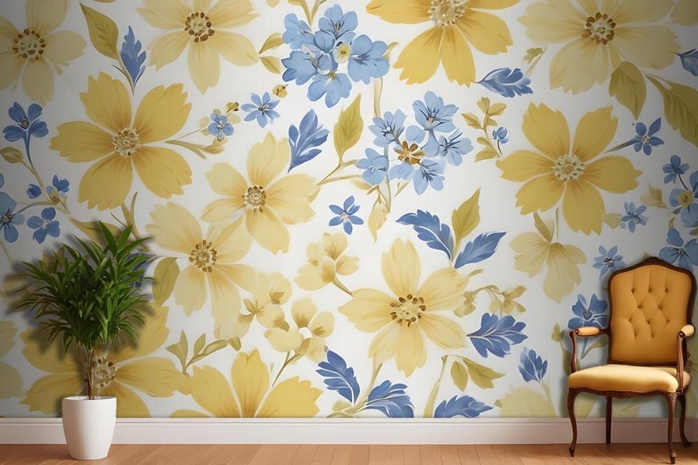 Floral Pattern With Large Yellow Flowers And Smaller Blue Flowers On A White Wallpaper Mural