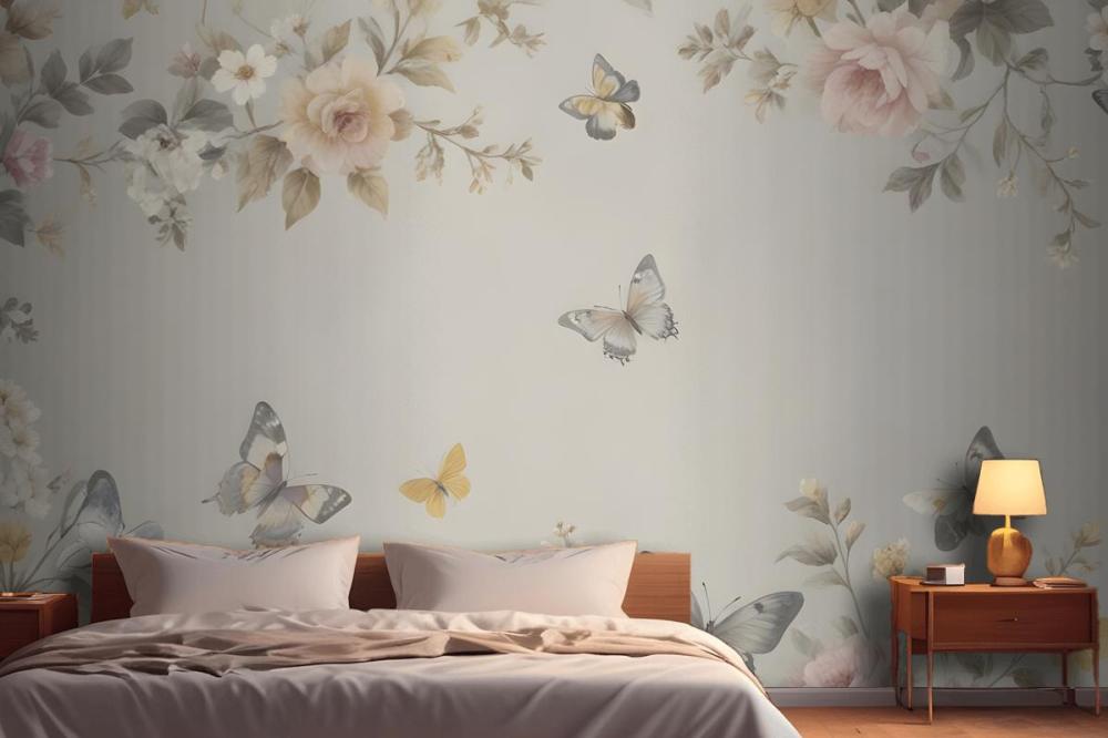 Floral Wallpaper Pattern With Delicate Butterflies Mural