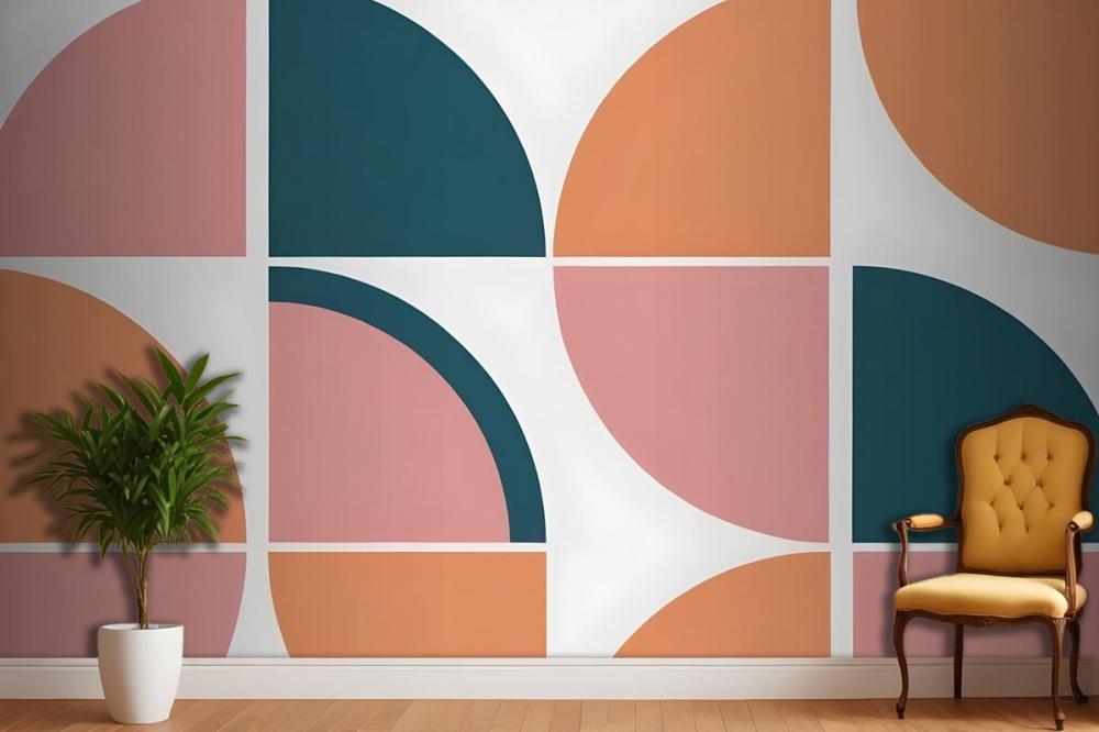 Geometric Abstract Pattern With Various Shapes And Colors Including Teal Peach And Pink Wallpaper Mural