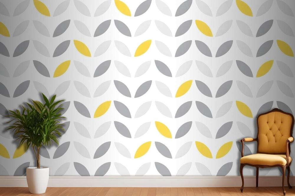 Gray And Yellow Leaf Shapes Arranged In A Repeating Geometric Design Wallpaper Mural