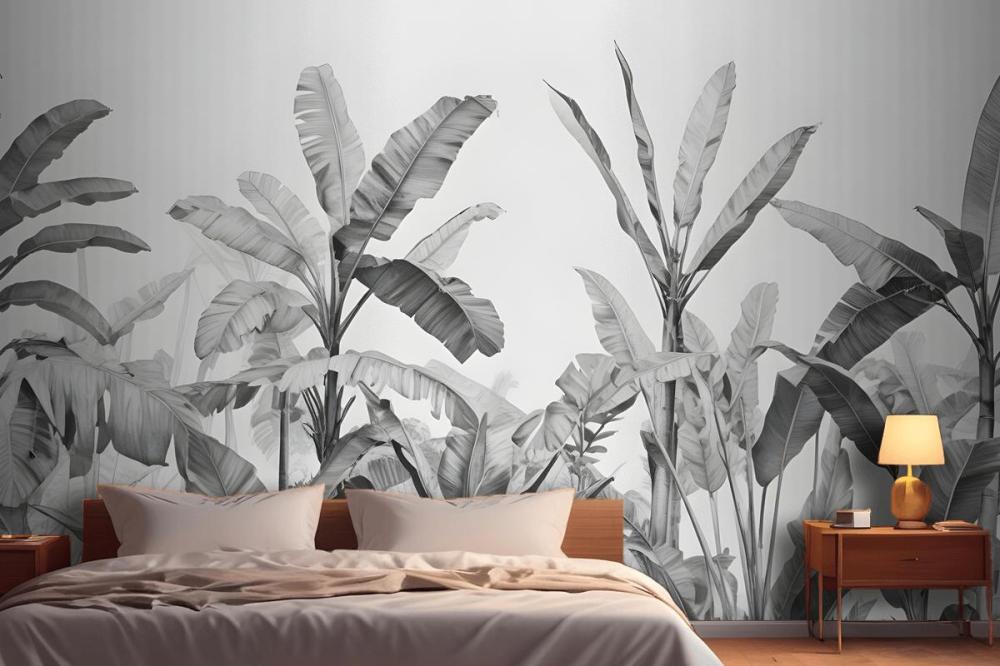 Grayscale Vintage Tropical Plants Wallpaper Mural