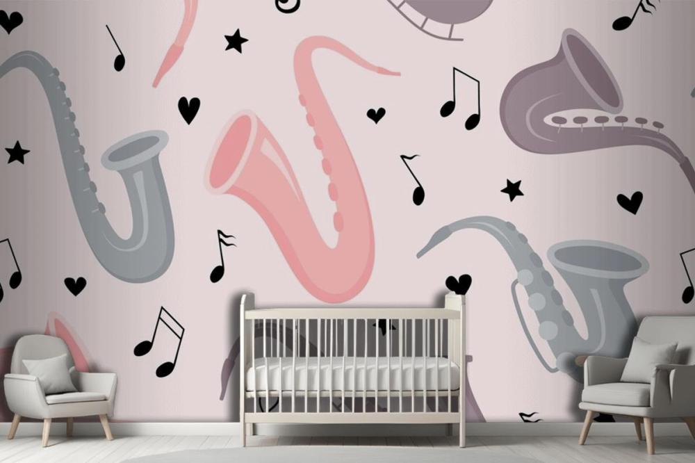 Hand Drawn Saxophone Seamless Pattern Wallpaper Mural
