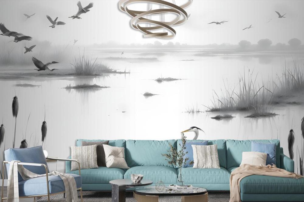 Heron Sketch In Misty Wetlands With Flying Birds Wallpaper Mural