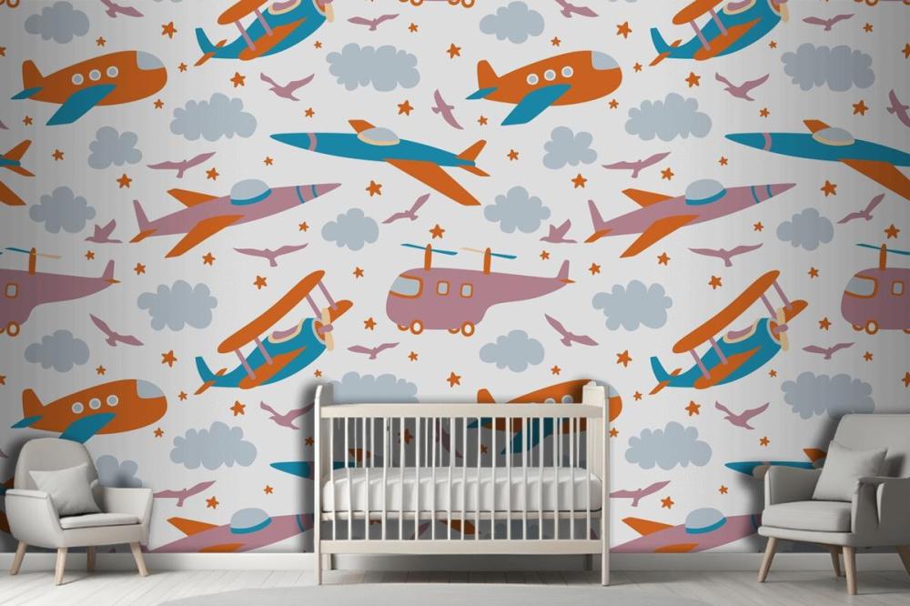 Hipster Doodles Colorful Seamless Pattern With Plane Drawing Wallpaper Mural