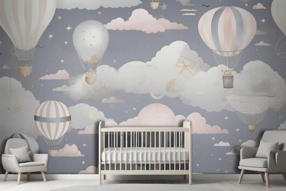 Hot Air Balloons Flying In The Sky With Clouds Wallpaper Mural