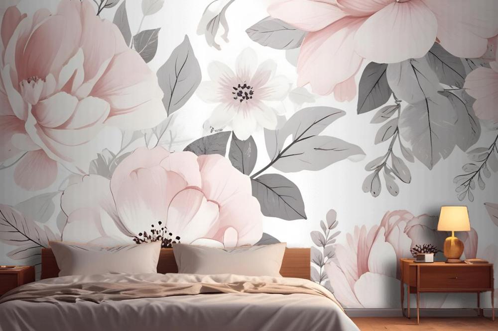 Large Pink And Gray Floral Pattern With Various Wallpaper Mural