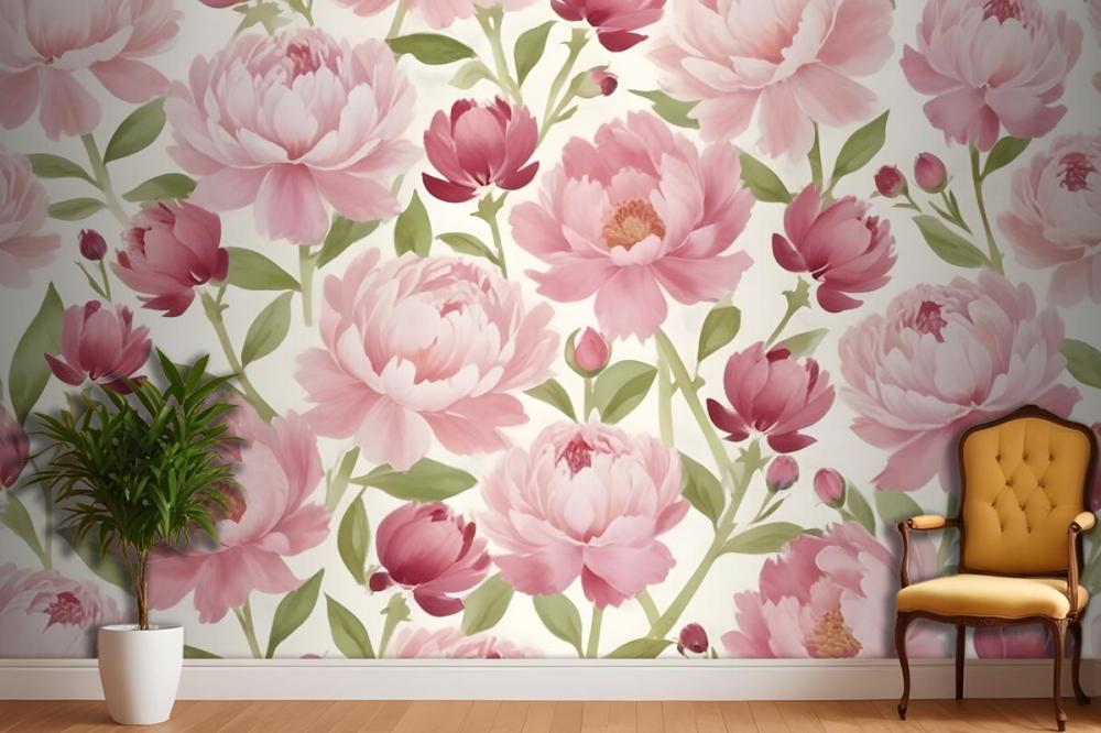 Large Pink Peony Flowers With Green Leaves On A Light Wallpaper Mural
