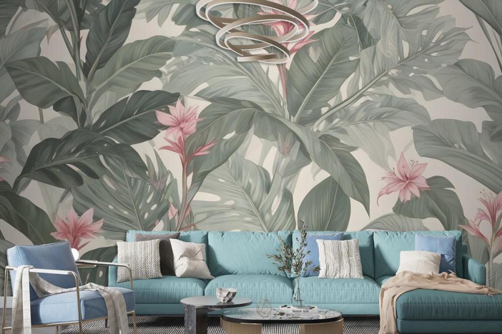 Light Background Large Green Leaves Pink Flowers Tropical Foliage Pattern Wallpaper Mural